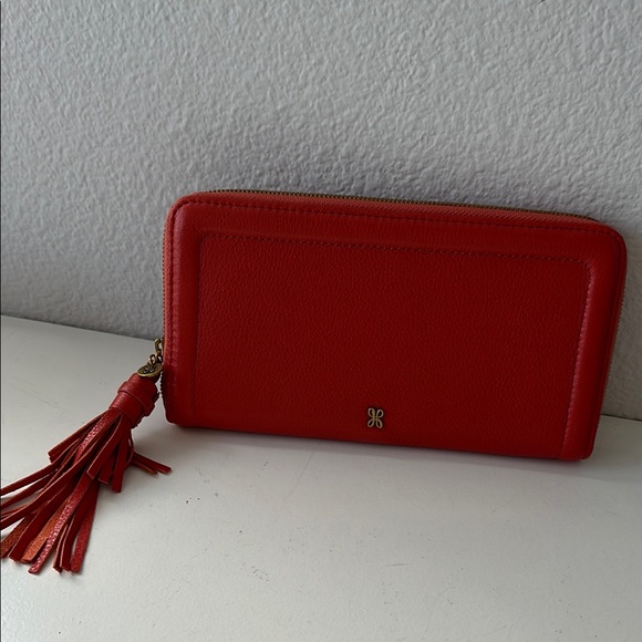 Hobo Vibrant Red/Orange Leather Wallet with Gold Emblem - Picture 1 of 9